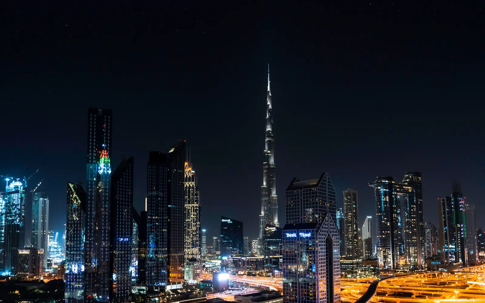 The Dubai skyline and the Burj Khalifa at night