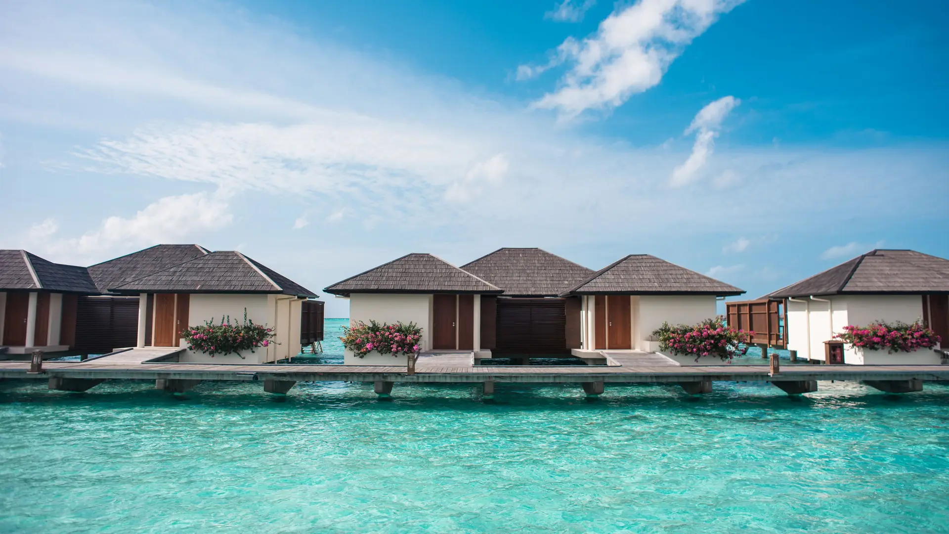 A row of water villas standing over a turquoise lagoon in the Maldives