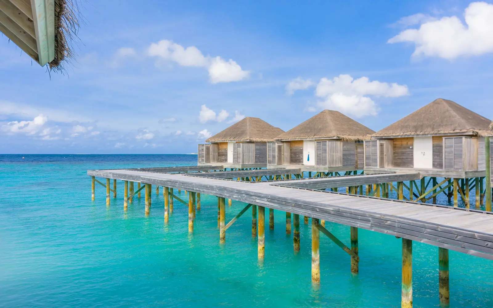 Thatched water villas along a wooden jetty over clear shallow water in the Maldives