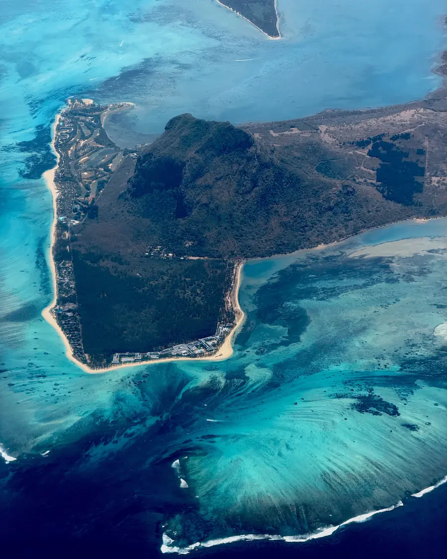 The Le Morne peninsula and its reef in Mauritius, seen from the air